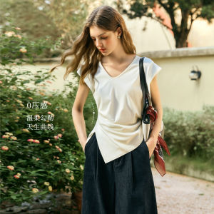 OLrain Red V-neck Slim Fit Womens T-shirt Summer New Style Asymmetric Design Cotton Blend Short Sleeve Head over Heels