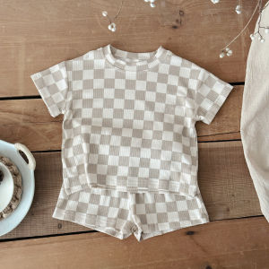 ฤดูร้อนเด็กTracksuitsรูปแบบกระดานหมากรุกเสื้อ + กางเกงขาสั้นเด็กสบายๆกีฬาเสื้อผ้าชุดทารกแฟชั่น 2 ชิ้น/เซ็ต