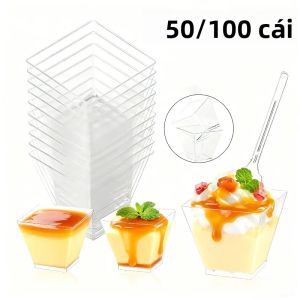 50/100 Cái Hộp Đựng Đồ Ăn Tráng Miệng Hình Thang Trong Suốt 2oz Bằng Nhựa Dùng Cho Tiệc Sinh Nhật Nhà Bếp Làm Bánh Trái Cây Kem