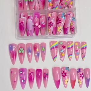 96Pcs Long Stiletto Fake Nails Pink Rainbow Heart Flower Clover Design Full Cover Press On Nails for Y2K Girls Holiday Nail Art