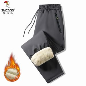 กางเกงกีฬาผ้าฝ้ายหนาแบบสวมหัวมีขนแกะฤดูหนาว กางเกงขายาวทรงหลวมสบาย ๆ สำหรับผู้ชาย ทรงตรง ความยาวปกติ ฤดูใบไม้ร่วง/ฤดูหนาว