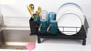 LivinEase Dish Rack With Adjustable Dish Tray For Kitchen Countertop-Premium Black Finish Durable Space-Saving