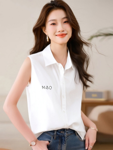 Áo Sơ Mi Không Tay Cổ Polo Dáng Rộng Màu Trắng Mùa Hè 2025 Cho Nữ Áo Sơ Mi Công Sở Thiết Kế Mới Áo Vest Ôm Sát Chất Liệu Polyester