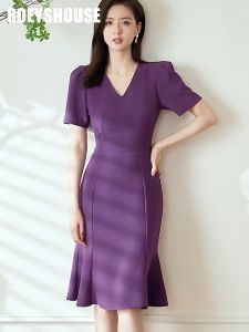 Đầm tay ngắn màu tím đậm cổ V 2 kiểu dáng