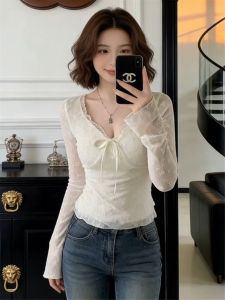 Elegant Lace & Crochet V-neck Velvet Long Sleeve Top