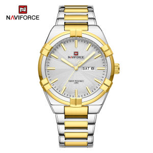 NAVIFORCE Watch for Men Waterproof 2023 Fashion Casual Steel Strap Watches Gold with Double Calendar Luminous hands Display Quzrtz Wristwatch NF9218