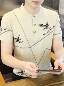 HENGYUANXIANG | Casual Short Sleeve Polo Shirt Mens Summer New Fashion Print Stand Collar T-Shirt Breathable Comfortable Cotton Blend Fashionable Urban Style