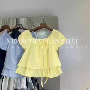 Áo sơ mi nữ A.758 Áo sơ mi cổ vuông dáng vừa tay bồng bo chun phối nơ buộc vạt 2 tầng - Shop Chấm Bi