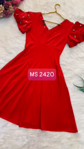 MyDu Shop | MS 2420 Đầm Dự Tiệc – Cổ Tim Tay Dún Nữ Tính Dáng Xòe Trẻ Trung Chất Thun Umi Co Giãn