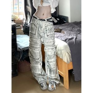กางเกงยีนส์ทรงทำงานสไตล์อเมริกันสตรีท กางเกงขายาวทรงสลิมฟิตหลายกระเป๋าสำหรับผู้ชายและผู้หญิง ฤดูร้อนบางๆ สไตล์ย้อนยุค กางเกงขายาวแบบขัดเงา