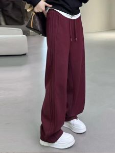 Wine Red Loose Slimming Banana Wide Leg Pants Womens Style Casual Sports Knife Shape Trousers High Waist Long Pants