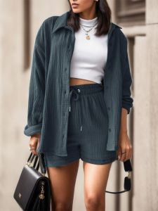 Spring Summer New Womens Pleated Long Sleeve Shirt High Waist Drawstring Shorts Fashion Casual Two Piece Set Street Style Slim Fit Polyester Fiber