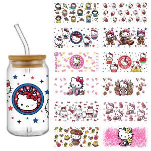 New Cute Hello Kitty Cartoon UV DTF For 16oz Glass Cup Wrap Transfer Sanrio 3D Sticker Waterproof Transfers Decals Kids Gift