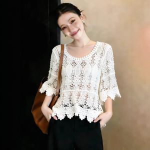 Sleeve Knitted Sun Protection Blouse Summer Design Lace Hollow Outwear