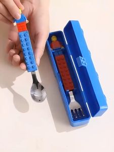 Stainless Fork and Spoon Set Lunch Box Kids Portable Storage Cartoon Tableware Fun Children Building Block Puzzle Toys Fruit Fork Spoon Baby Stack and Stack Lego Block Spoon Fork Knife Stainless Steel Utensil Set