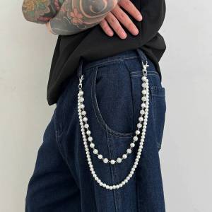 Ingemark Hip Hop Rhinestone Imitation Pearl Keychains Waist Belt for Men Punk Jeans Pants Bag Wallet Chains Street Jewelry Gift