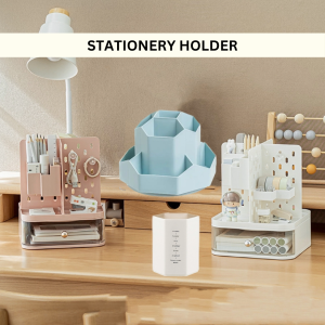 Ready Stock Aesthetic White Pink Blue Simple Stationery Rack Pencil Holder 360 Rotatable Pen Holder Box Makeup Brush Cosmetic Storage Table Space Saving Desk Organizer Desktop Study Student Hostel Office Kotak Boleh Pusing Simpan Alat Tulis Pen