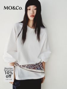 MO&Co. | New Autumn Simple White Cotton Blended Puff Sleeve Loose Round Neck Top