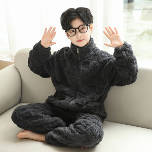 Thickened Fleece Childrens Sleepwear Coral Velvet Home Clothes Set for Boys Autumn Winter Style Long Sleeve Long Pants Warm