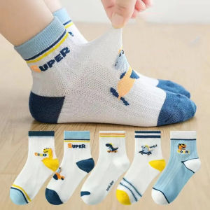 5 Pairs Boys Mesh Cotton Socks Breathable Sailboat Navy Striped Kids Ankle Socks Soft Thin Summer Children Socks for 2-10 Years Old