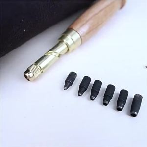 Japanese Style Leather Hole Punch Set Adjustable Screw Punch Tool 6 Tip Sizes with Wood Handle Bookbinding Paper Wood Crafting