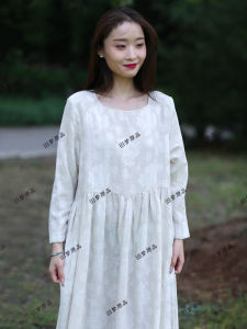 Original Design Cotton Linen Womens Dress Artistic Retro New Chinese Style National Pattern Weave Medium Length Dress