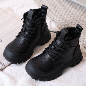 Boys Martin Boots Fleece Lined Genuine Leather Snow Boots Motorcycle Style Head Cover Anti Kick Girls Cotton Short Boots