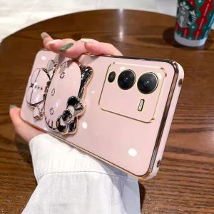 Applicable to vivoS15 mobile phone case electroplated cat bracket makeup mirror S12Pro silicone soft case protective case h260709