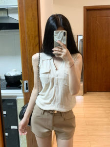 YUEZHONGWEI | Slim Fit Ice Silk Knitted Linen Vest Womens Summer Outerwear Button Up Short Length Solid Color Casual Fashion Commute Style