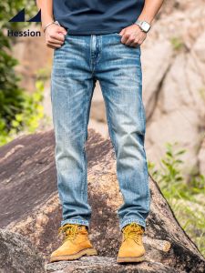 HESSION | Washed Elastic With Whiskers Mens Jeans Straight Fit Blue
