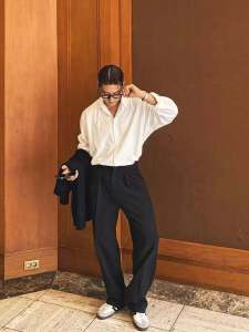 กางเกงขายาวทรงตรงหลวมๆ สำหรับผู้ชาย ทรงหลวม ทรงหลวม กางเกงขายาวลำลอง กระดุมปารีส กางเกงขายาวลำลอง ทรงหลวม ทรงหลวม