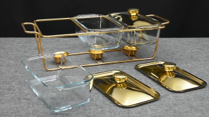 Golden Rectangular Glass Pot Restaurant Food Heating Container Alcohol Pot