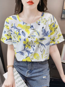 Trendy Floral Print Loose Short Sleeve Womens T-shirt Summer Fashion Top Korean Style Cotton Blend Comfortable round Neck
