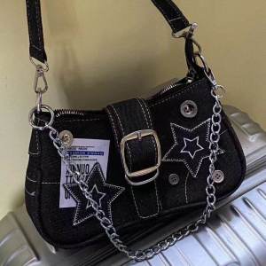 Y2K Millennium Star Denim Underarm Bag Fashion Trend Small Design Crescent Moon Canvas Handbag Chain Bag Crossbody Bag