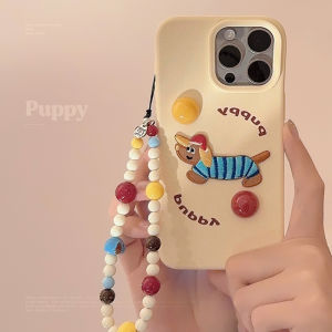 Creative Sausage Dog Embroidery Phone Case with Hanging Chain Fun Apple 13/14/15 Cute Girl Heart iPhone 16/17 pro Max Cover