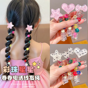 Childrens Telephone Cord Hair Ties Heart Shaped Candy Colored Beads Cute Little Girl Hair Bands Non Damaging Hair Accessories
