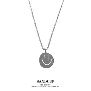 SANDCUP Cute Smile Face Womens Necklace Personality Fashionable Sweater Chain Titanium Steel Cross Chain Silver Color
