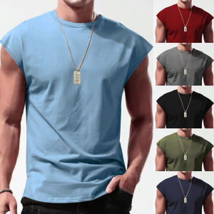 Mens Summer New Sleeveless T-shirt Casual Loose Thin Shoulder T-shirt Pure Color round Neck Custom/DIY No Brand Registered Trademark