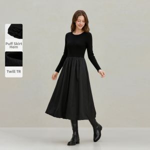 INMAN | Slimming Henry Collar Knitted Yoke Dress Black
