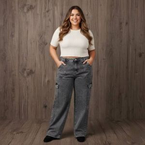 Acid wash baggy cargo jeans plus size strachable denim metarials womens jeans cargo six pocket