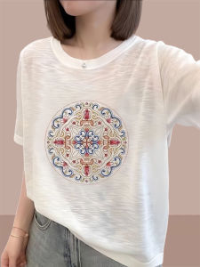 Summer Bamboo Cotton Short Sleeve T-Shirt Womens Loose round Neck Half Sleeve Printed Large Size Creative Ethnic Style Top
