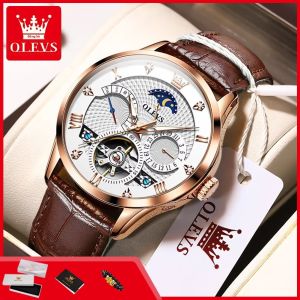OLEVS | OLEVS 6652 Nam Cao Cấp Cơ Tự Động Đồng Hồ Skeleton Bánh Đà Dây Da Pha Mặt Trăng Lịch Tuần Chống Nước