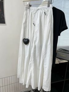 American Retro White Workwear Half Skirt Women Summer Drawstring High Waist Straight Slim Loose A-Line Midi Skirt