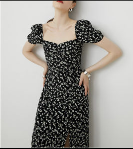 P006-039 PIMNADACLOSET - Short Puff Sleeve Sweetheart Neck Smocked Ruffle Floral Print Front Slit Crepe Satin Midi Dress