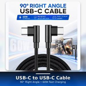 90 Degree USB C to USB C Cable 60W Fast Charging Right Angle Type C Cord Nylon Braided with Smart Chip for Gaming Phone Tablet