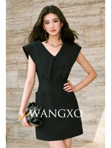 WANGXO | Đầm Voan Lụa Chất Lượng Cao Vòng Cổ V Đôi Không Tay Ôm Eo