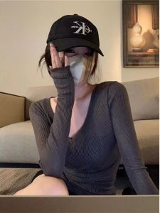 Deep Grey V-Neck Long Sleeve Knitted Slim Fit Shirt Women Early Autumn Thin Pure Desire Sweater Base Shirt Tight Top