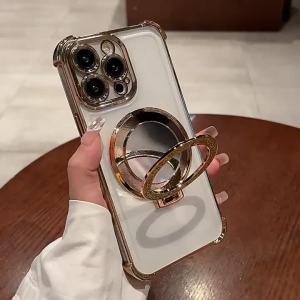magsafe เคสโทรศัพท์ใสกระจกพร้อมขาตั้งแม่เหล็ก เคสกันกระแทก สำหรับ iPhone 16 Pro Max 15 14 13 12 11 Pro Max XS 8 7 Plus