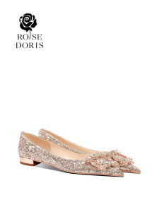 Doris Rose Wedding Shoes Low Heel Flat Bottom Crystal Wedding Dress Single Shoes Comfortable for Brides to Wear to Banquets