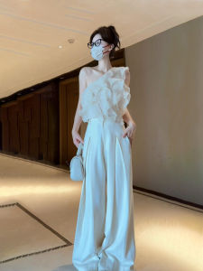 Stylish White Chiffon Hemmed Sleeveless Top And Wide Leg Pants Two Piece Set Korean Style High Waist Long Pants Summer Fashion